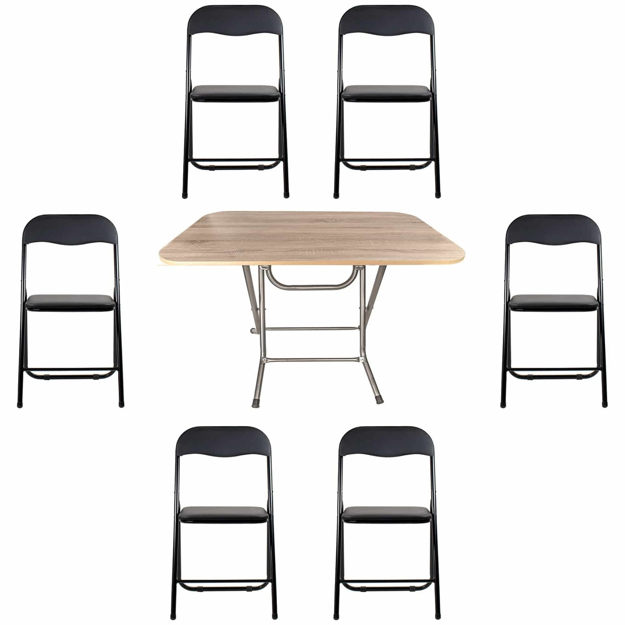 Masa plianta cu blat MDF 70x120x73 cm si 6 scaune pliabile de bucatarie