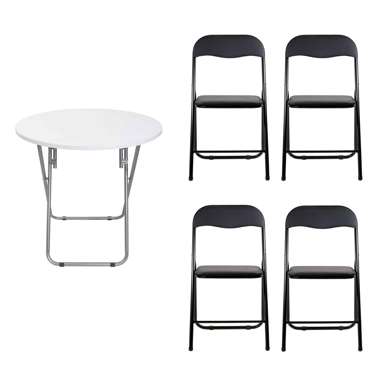 Masa plianta rotunda 70x70cm cu blat MDF alb si 4 scaune pliabile bucatarie