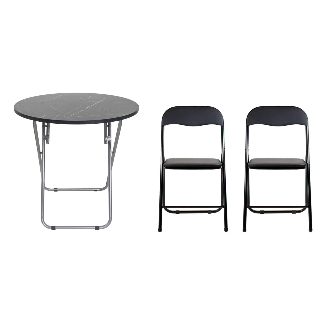 Masa plianta rotunda 70x70cm cu blat MDF negru + 2 scaune bucatarie pliabile