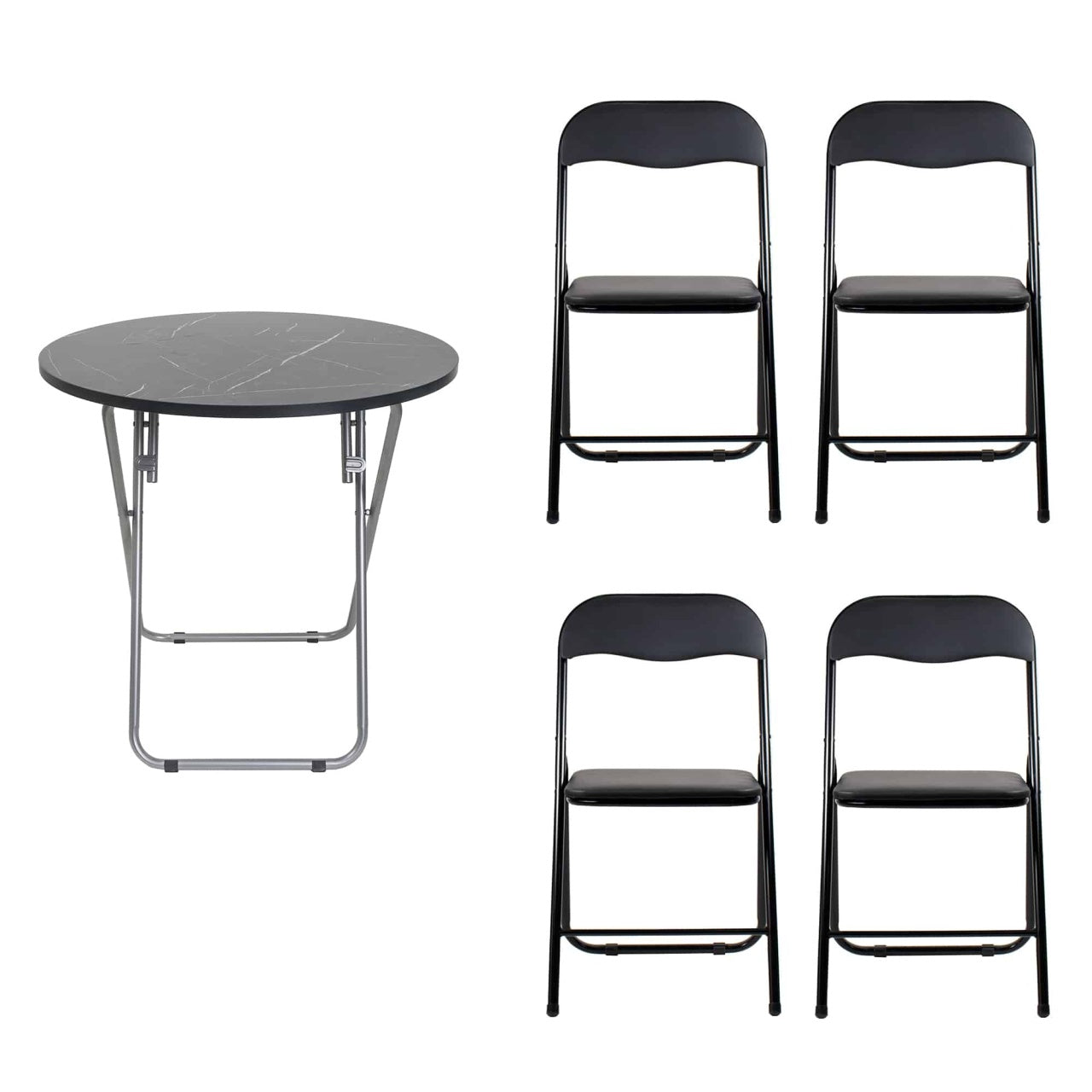 Masa plianta rotunda 70x70cm cu blat MDF negru si 4 scaune pliabile pentru bucatarie