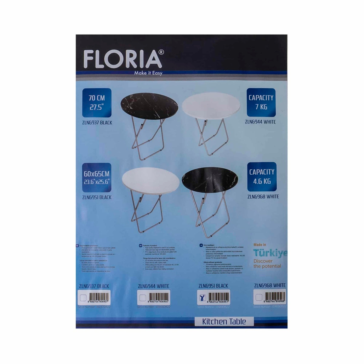 Masa plianta rotunda cu blat MDF 70x70 cm, picioare metalice negre