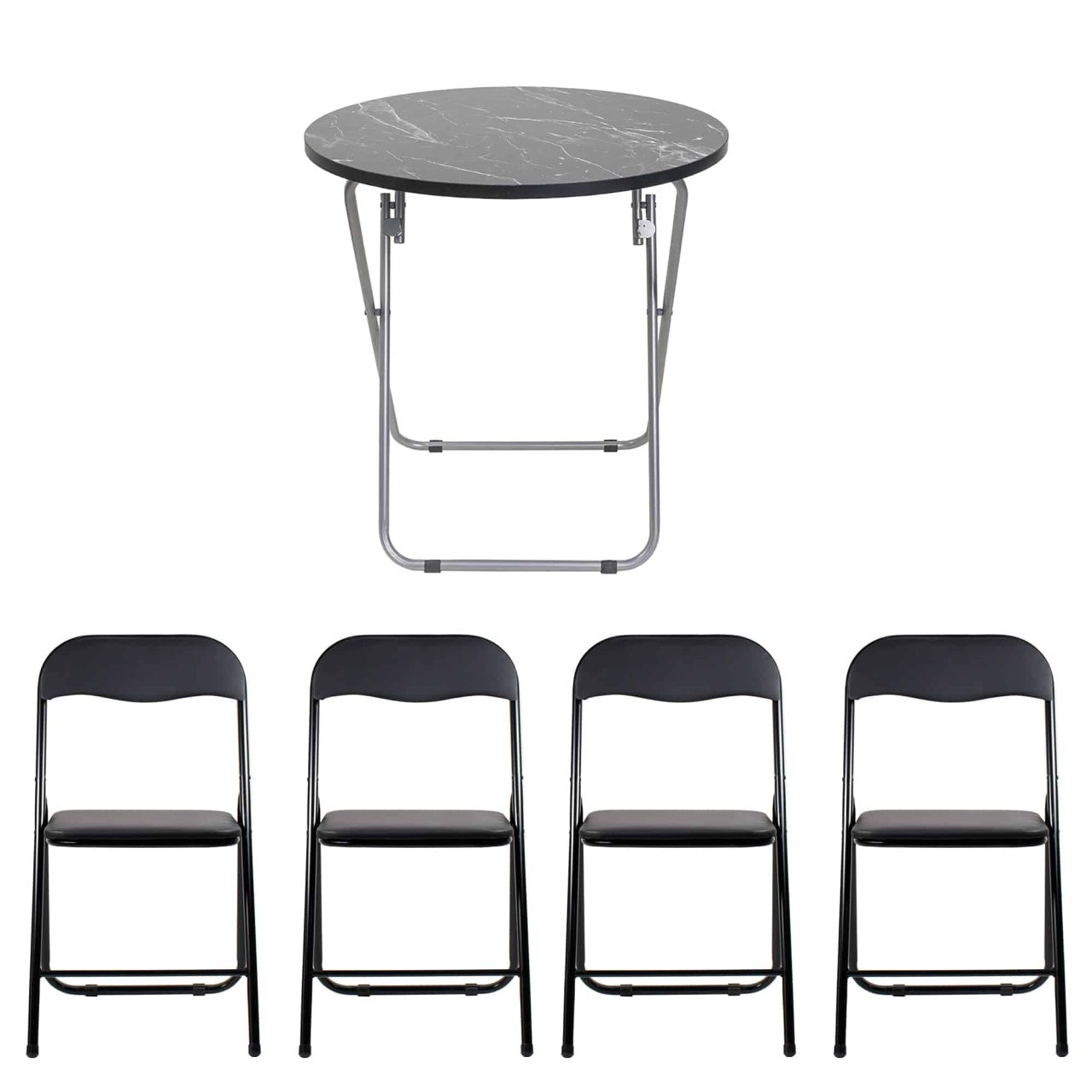 Masa plianta rotunda MDF 60x65 cm negru cu 4 scaune pliabile pentru bucatarie