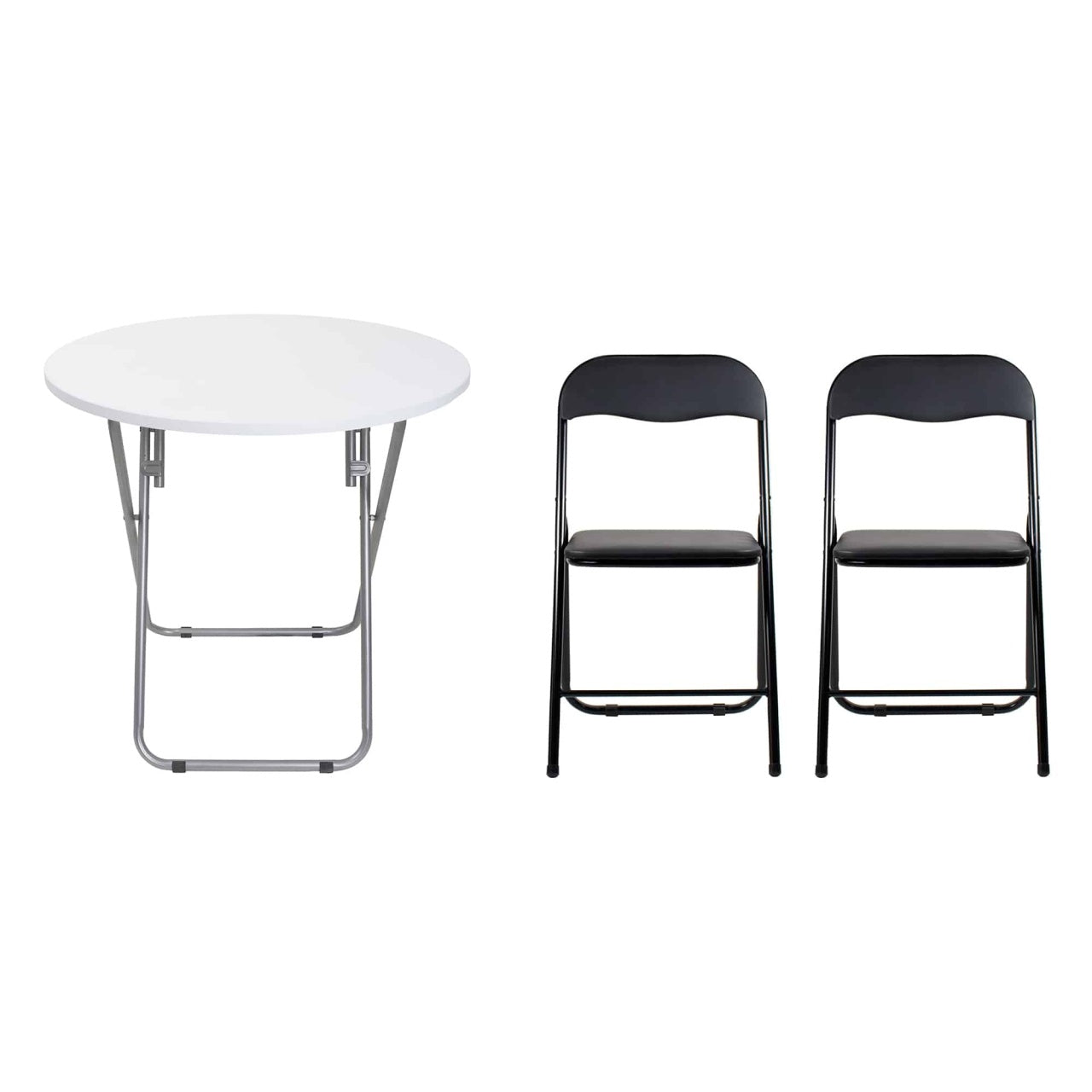 Masa plianta rotunda MDF 70x70cm alba cu 2 scaune pliabile pentru bucatarie sau camping