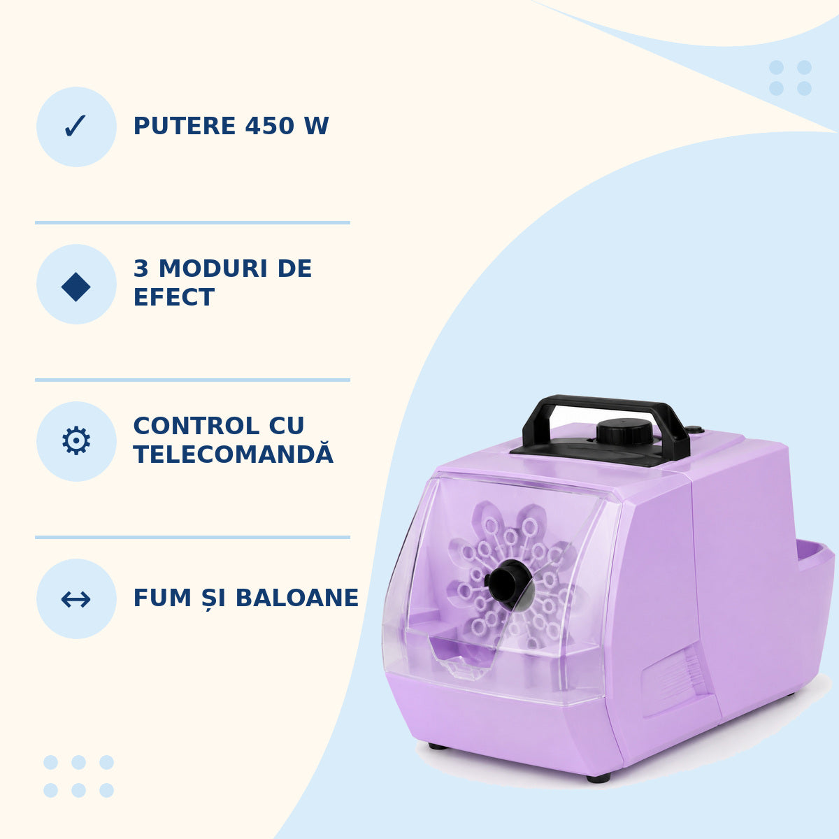 Mașină 3 în 1 de Fum și Baloane, 450 W, cu Telecomandă – caracteristici