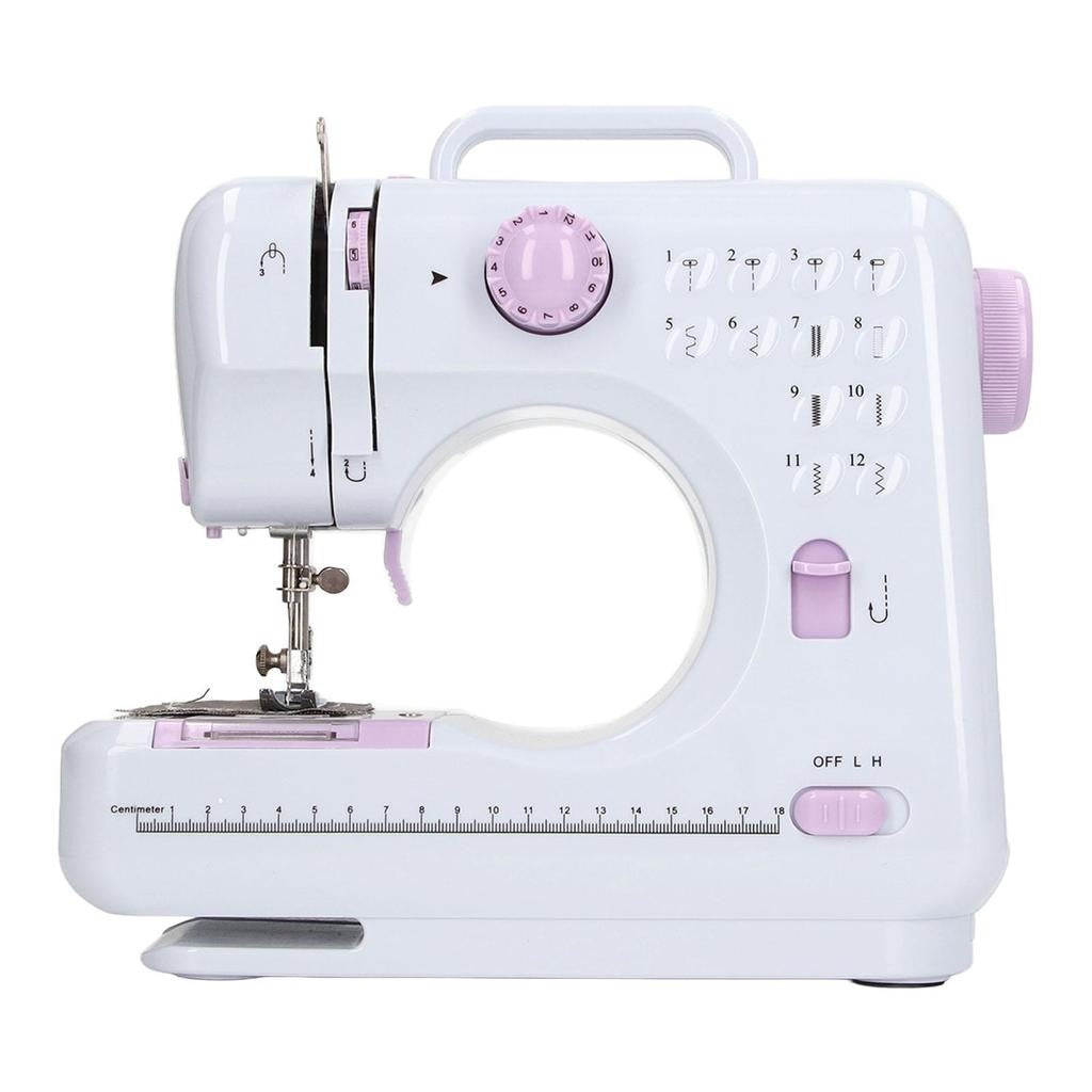 Masina de cusut, cu 12 modele de cusaturi, cu accesorii, gradat cu centimetrii, compact si portabil, alb/roz