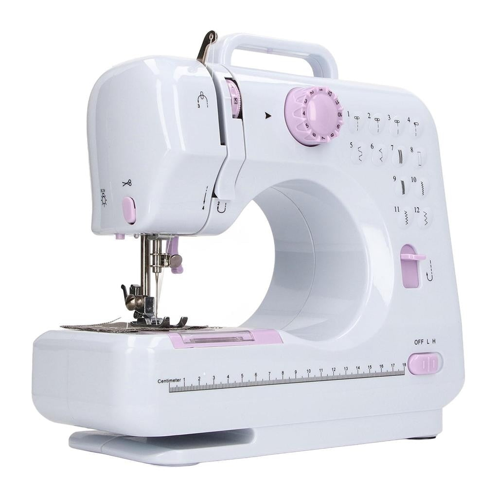 Masina de cusut, cu 12 modele de cusaturi, cu accesorii, gradat cu centimetrii, compact si portabil, alb/roz