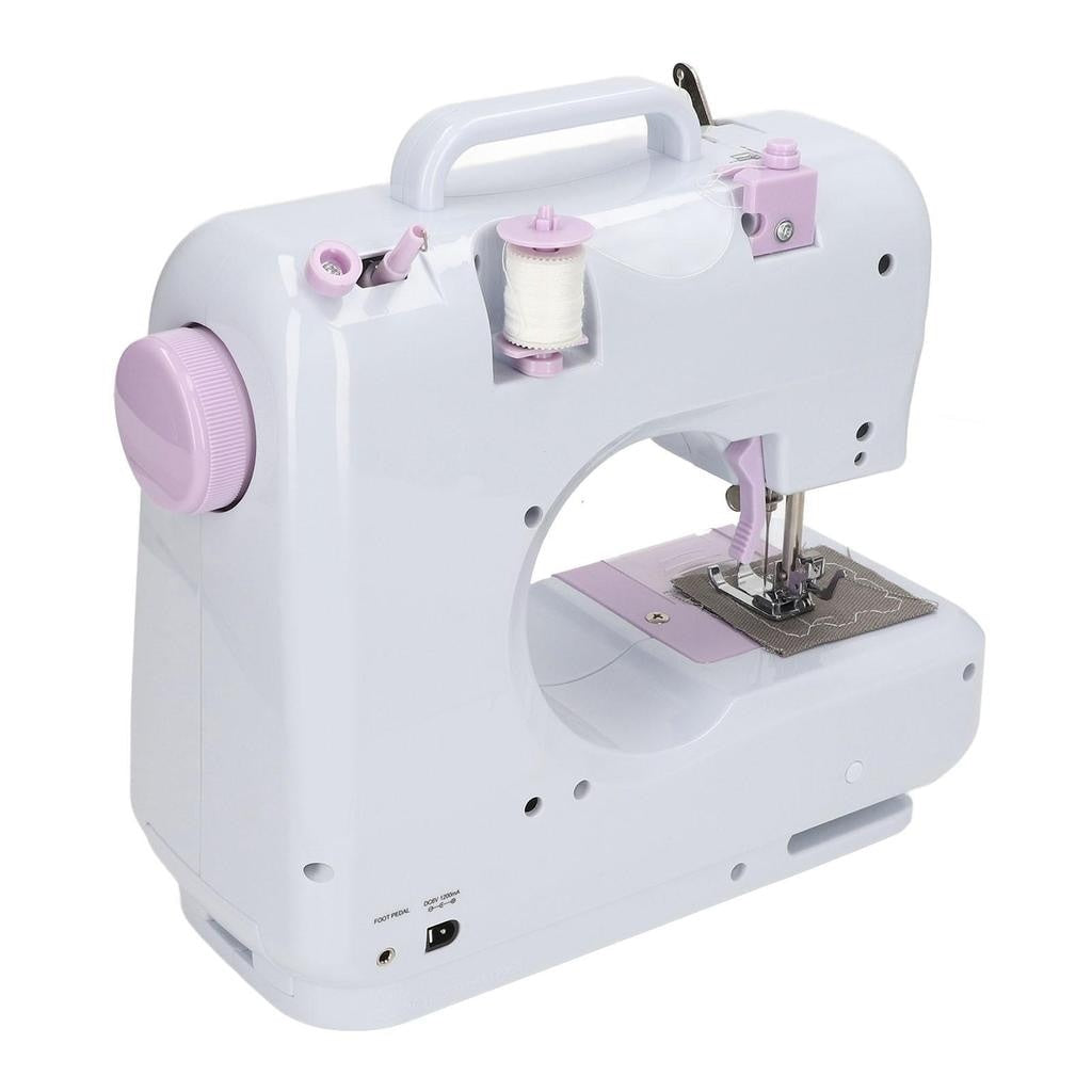 Masina de cusut, cu 12 modele de cusaturi, cu accesorii, gradat cu centimetrii, compact si portabil, alb/roz