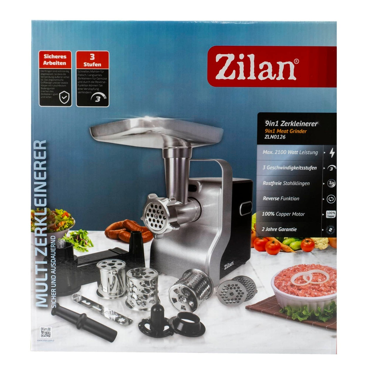 Masina de tocat carne multifunctionala, 2100W, 3 viteze, negru/gri