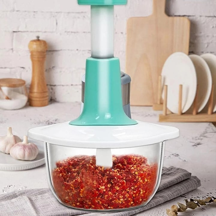 Masina de tocat manuala, pentru legume si carne, capacitate 700ml, din plastic si aluminiu, alb/verde