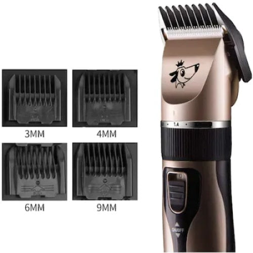 Masina de tuns animale, FOXMAG24, cu functie wireless, lame ceramice, 4 tipuri de pieptane, buton ON-OFF, auriu