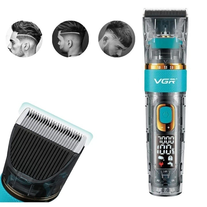 Masina de tuns cu accesorii, din metal si plastic, display LCD, 3 trepte de viteza, cu 6 gratare, perie de curatare si sticluta de ulei, dimensiuni 15 * 4, 3 * 3, 4 cm, negru/verde