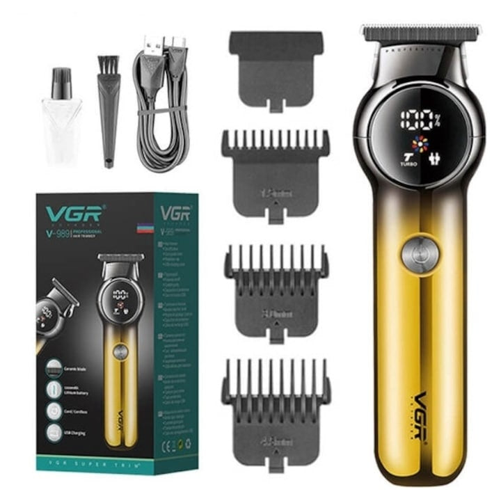 Masina de tuns cu accesorii, din metal si plastic, display LCD, cu 3 gratare, perie de curatare si sticluta de ulei, dimensiuni 15 * 4, 3 * 3, 4 cm, negru/auriu