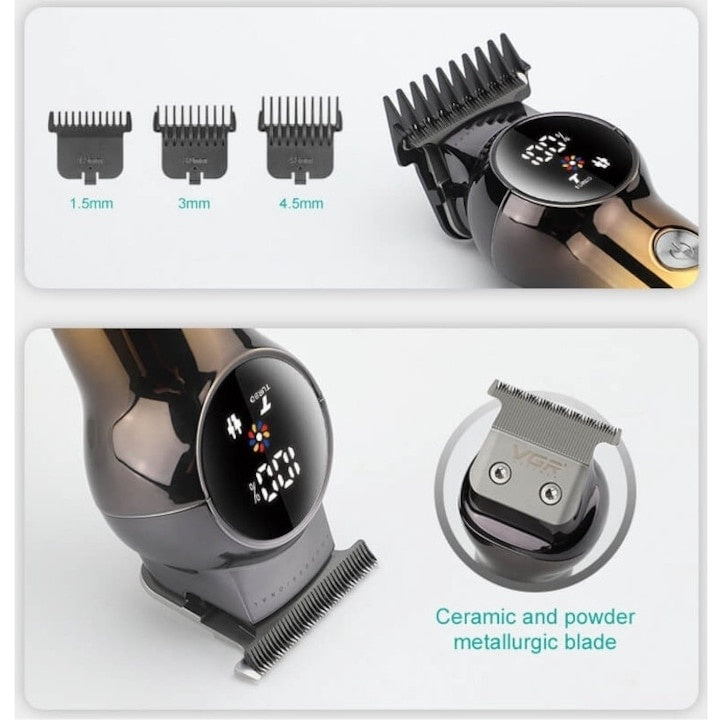 Masina de tuns cu accesorii, din metal si plastic, display LCD, cu 3 gratare, perie de curatare si sticluta de ulei, dimensiuni 15 * 4, 3 * 3, 4 cm, negru/auriu