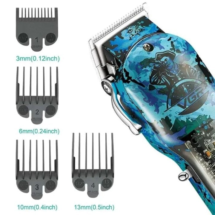 Masina de tuns cu accesorii, din metal si plastic, display LCD, cu 4 gratare, perie de curatare si sticluta de ulei, pieptane, putere 5W, negru/verde