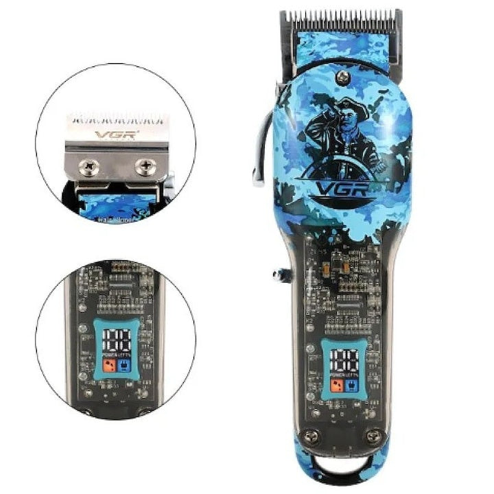 Masina de tuns cu accesorii, din metal si plastic, display LCD, cu 4 gratare, perie de curatare si sticluta de ulei, pieptane, putere 5W, negru/verde