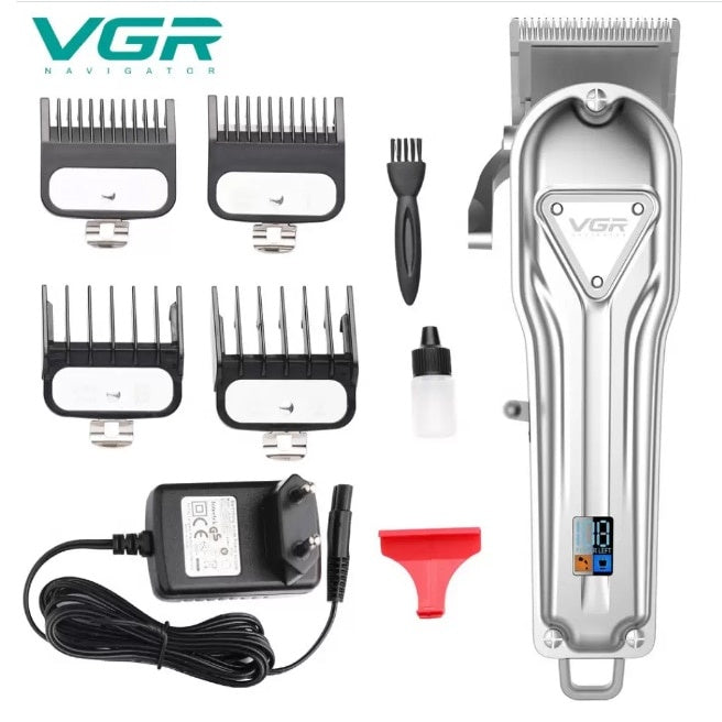 Masina de tuns si ras VGR V-140, afisaj digital, lame inox, durata operare 300 min, 4 piepteni ajustare lungime, precizie inalta, Argintiu