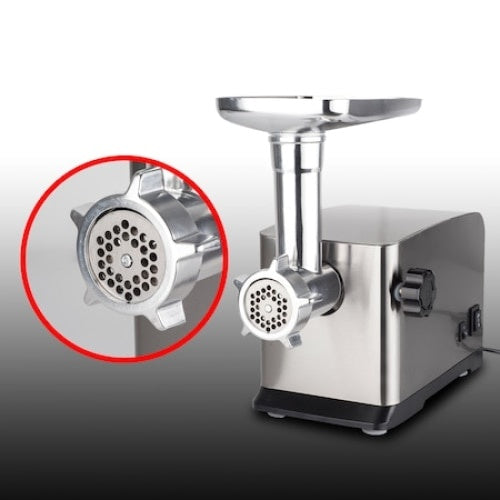 Masina tocat carne, confectionata din inox, cu 3 site, capacitate de maruntire 1,5 kg/min, putere 1800W, cu accesorii incluse, gri