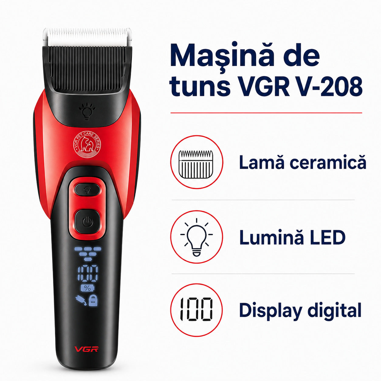 Mașină de Tuns Animale VGR V-208, Lamă Ceramică, LED, Roșu – imagine 3