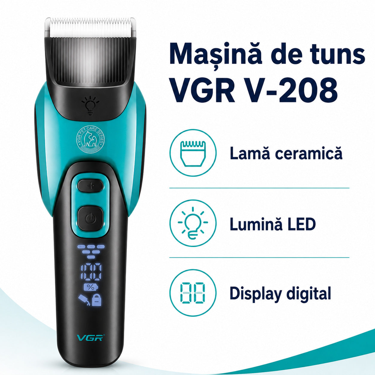 Mașină de Tuns Animale VGR V-208, Lamă Ceramică, LED, Turcoaz – imagine 3