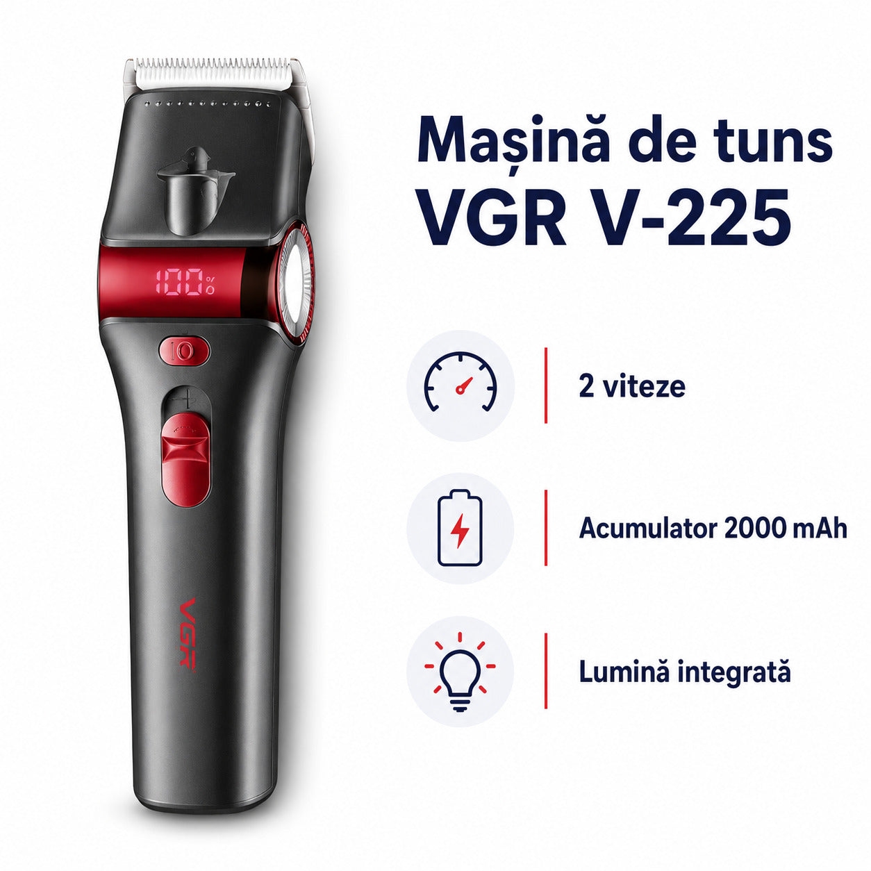 Mașină de Tuns Animale VGR V-225, 2 Viteze, 2000 mAh, Lumină, Roșu – imagine 3