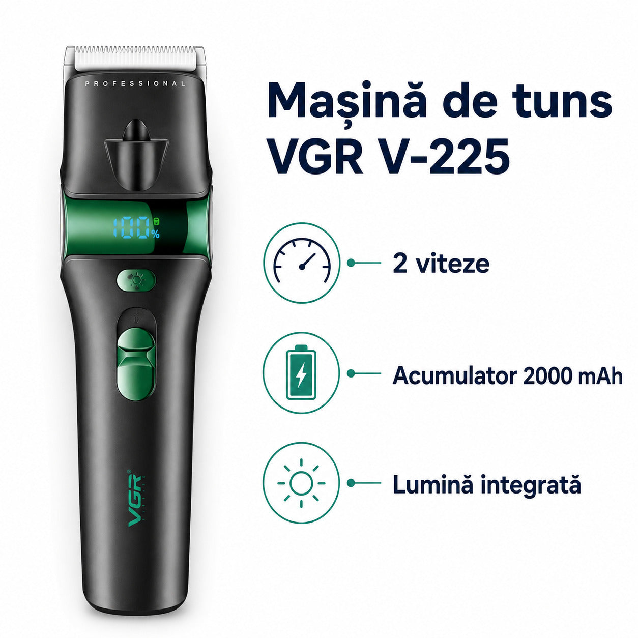 Mașină de Tuns Animale VGR V-225, 2 Viteze, 2000 mAh, Lumină, Verde – imagine 3