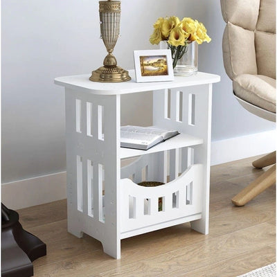 Masuta de cafea decorativa, ideala pentru spatiile mici, usor de transportat, din MDF, cu spatii de depozitare, dimensiuni 45x37x24 cm, alb