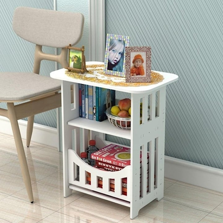 Masuta de cafea decorativa, ideala pentru spatiile mici, usor de transportat, din MDF, cu spatii de depozitare, dimensiuni 45x37x24 cm, alb