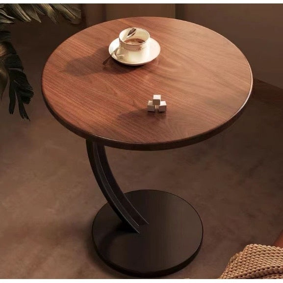 Masuta de cafea, din metal si lemn, rotunda, dimensiuni 40 x 40 x 60 cm, pentru living si bucatarie, maro/negru