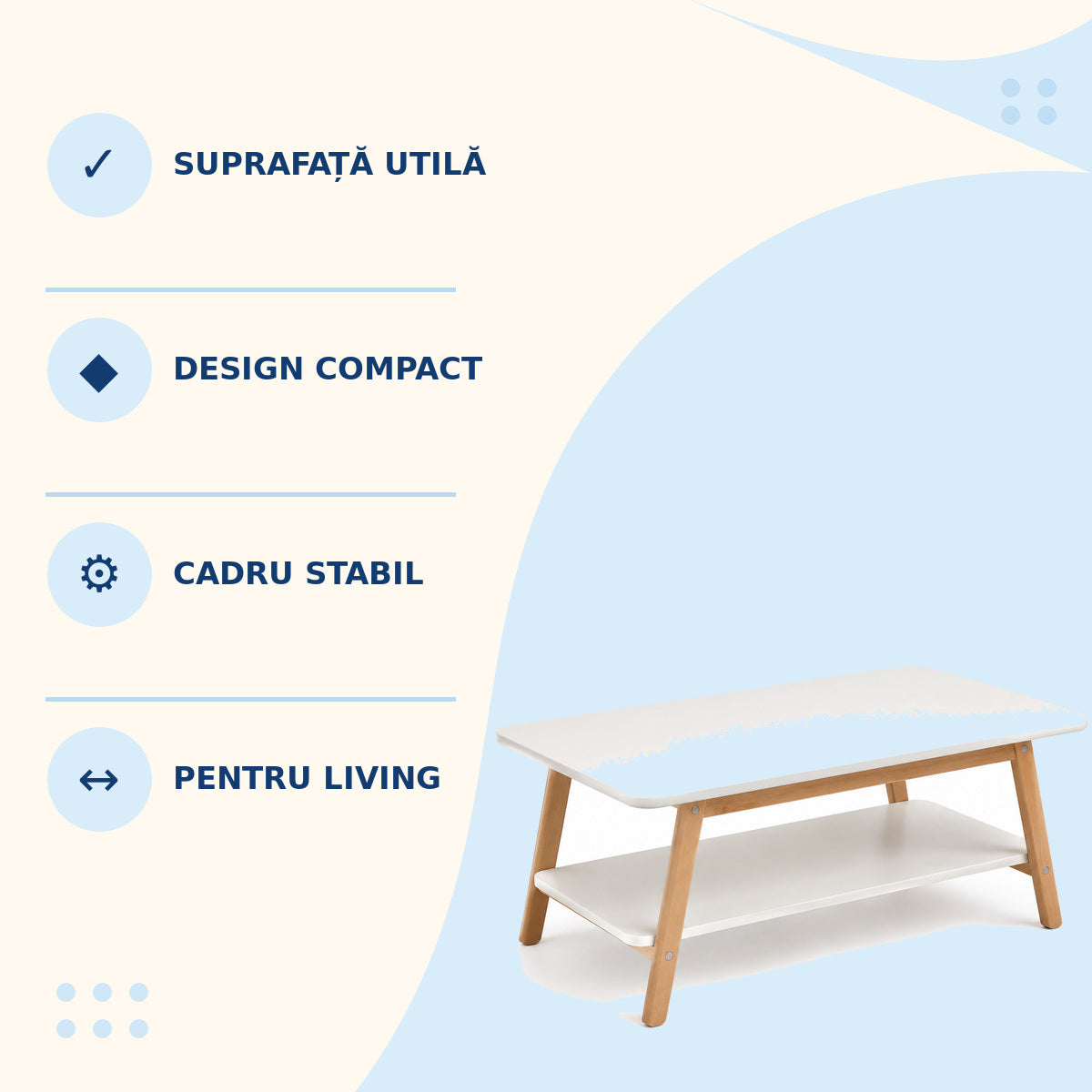 Măsuță de Cafea Dreptunghiulară cu Raft Inferior, Alb-Natur – imagine 3