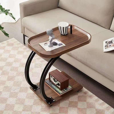 Masuta de cafea, pentru living, pe roti, cu 2 nivele, din metal si lemn, in forma de C, maro