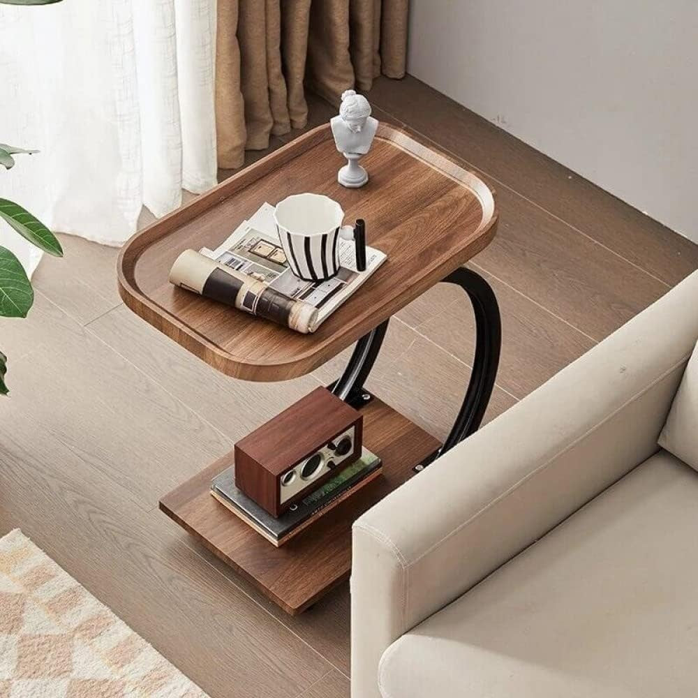 Masuta de cafea, pentru living, pe roti, cu 2 nivele, din metal si lemn, in forma de C, maro