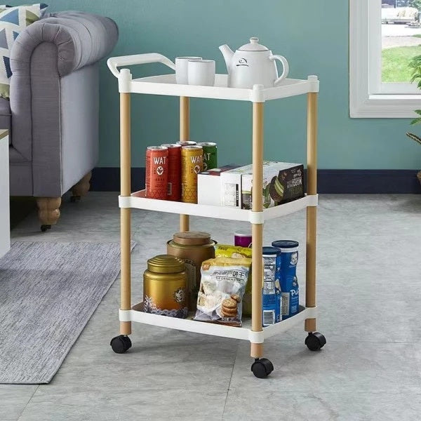 Masuta de cafea, portabila, cu suport din lemn, 3 nivele, maner si roti de transport, dimensiuni 71 x 45 x 32 cm, greutate maxima suportata 15 kg /polita, alb