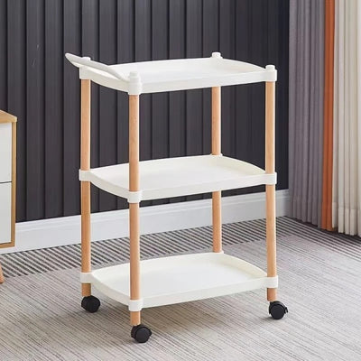 Masuta de cafea, portabila, cu suport din lemn, 3 nivele, maner si roti de transport, dimensiuni 71 x 45 x 32 cm, greutate maxima suportata 15 kg /polita, alb