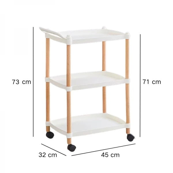Masuta de cafea, portabila, cu suport din lemn, 3 nivele, maner si roti de transport, dimensiuni 71 x 45 x 32 cm, greutate maxima suportata 15 kg /polita, alb