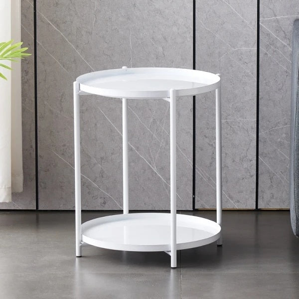 Masuta de cafea rotunda, din metal, cu 2 nivele, dimensiuni 42 x 52 cm, structura solida, tava detasabila, Greutate maxima suportata 20 kg, alb