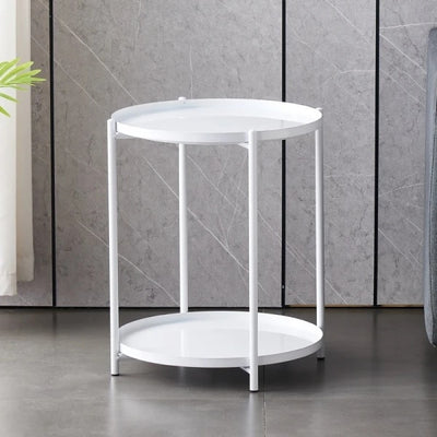Masuta de cafea rotunda, din metal, cu 2 nivele, dimensiuni 42 x 52 cm, structura solida, tava detasabila, Greutate maxima suportata 20 kg, alb