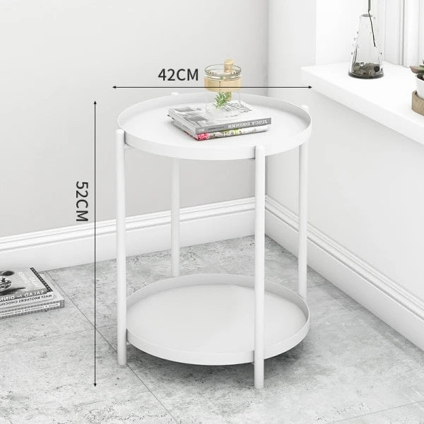 Masuta de cafea rotunda, din metal, cu 2 nivele, dimensiuni 42 x 52 cm, structura solida, tava detasabila, Greutate maxima suportata 20 kg, alb