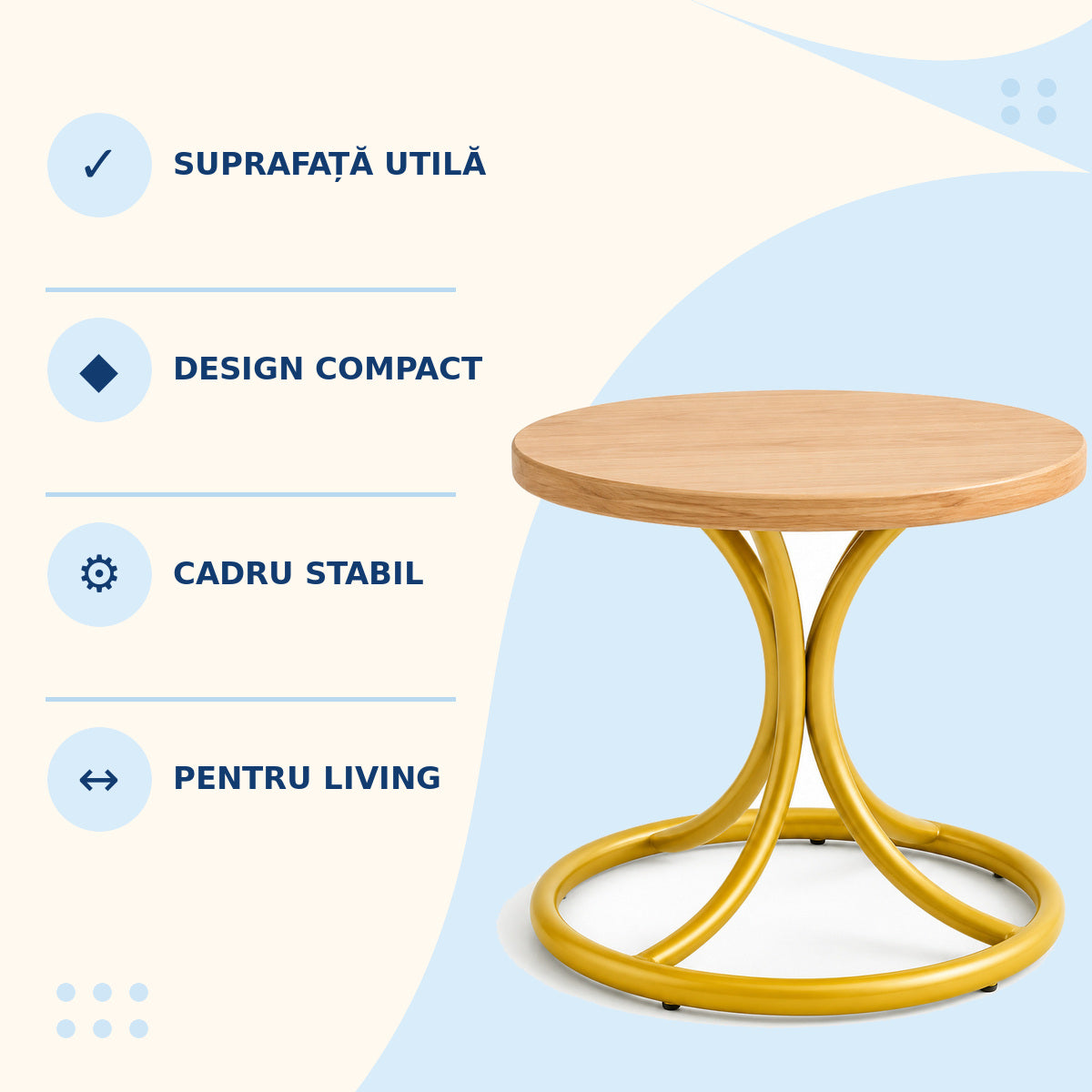 Măsuță Laterală Rotundă cu Cadru Metalic, Auriu – caracteristici