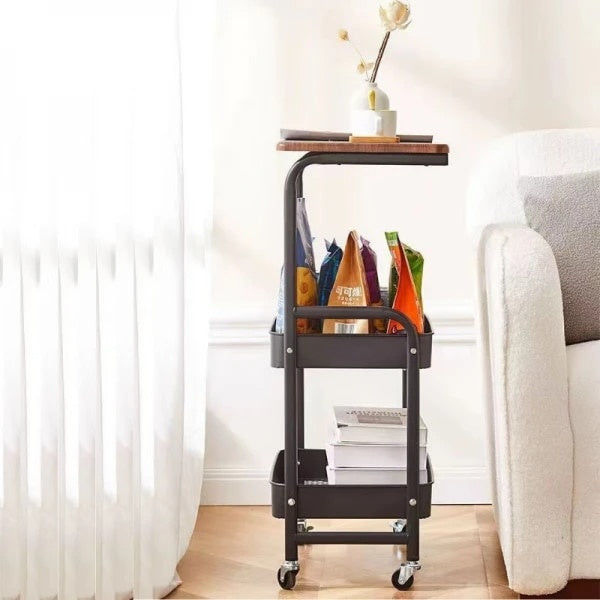 Masuta pentru cafea, portabila, cu roti pentru transport, din otel carbon, 2 polite si o masa de lucru, dimensiuni 79 x 43 x 30 cm, negru