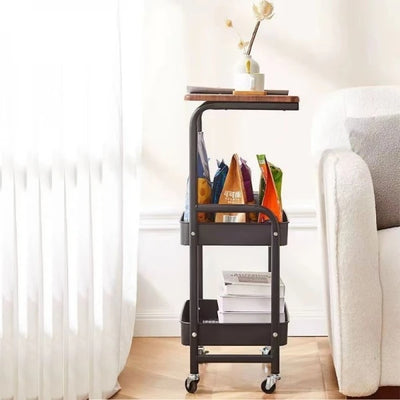 Masuta pentru cafea, portabila, cu roti pentru transport, din otel carbon, 2 polite si o masa de lucru, dimensiuni 79 x 43 x 30 cm, negru