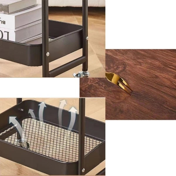 Masuta pentru cafea, portabila, cu roti pentru transport, din otel carbon, 2 polite si o masa de lucru, dimensiuni 79 x 43 x 30 cm, negru