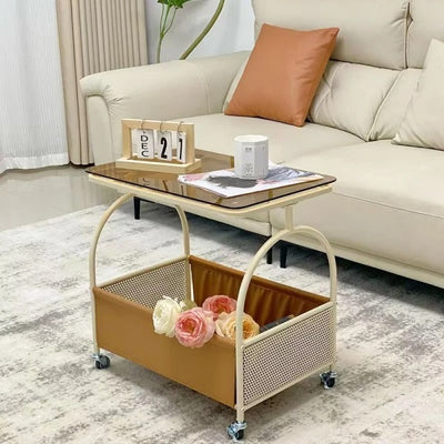 Masuta portabila cu compartiment pentru depozitare, blat din sticla, cadru metalic, dimensiuni 56 x 55 x 36 cm, alb/negru