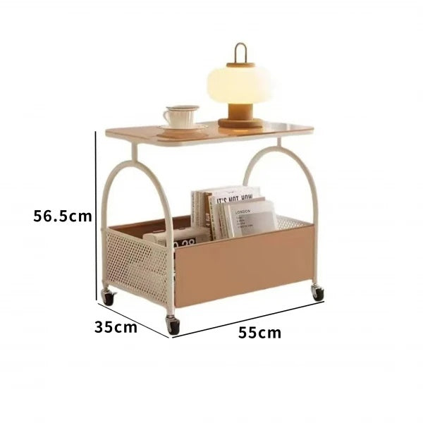 Masuta portabila cu compartiment pentru depozitare, blat din sticla, cadru metalic, dimensiuni 56 x 55 x 36 cm, alb/negru