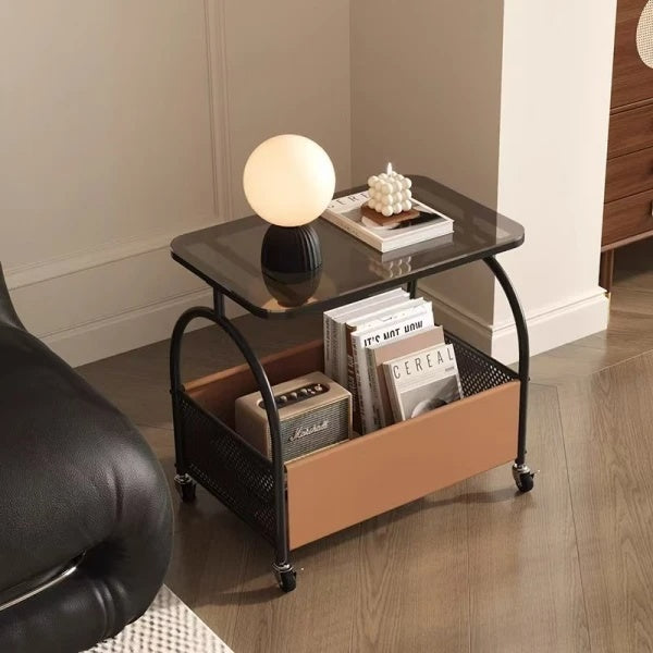 Masuta portabila cu compartiment pentru depozitare, blat din sticla, cadru metalic, dimensiuni 56 x 55 x 36 cm, negru