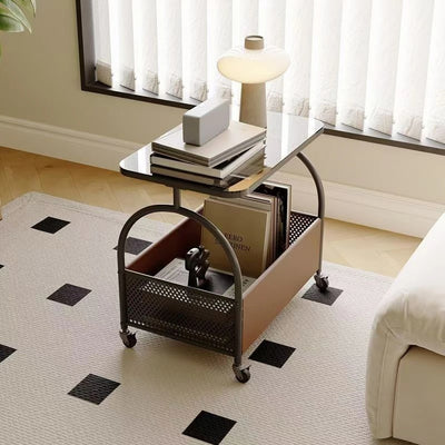 Masuta portabila cu compartiment pentru depozitare, cu blat din sticla, cadru metalic, dimensiuni 56 x 55 x 36 cm, negru