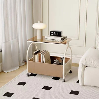 Masuta portabila cu compartiment pentru depozitare, cu blat din sticla, cadru metalic, dimensiuni 56 x 55 x 36 cm, alb