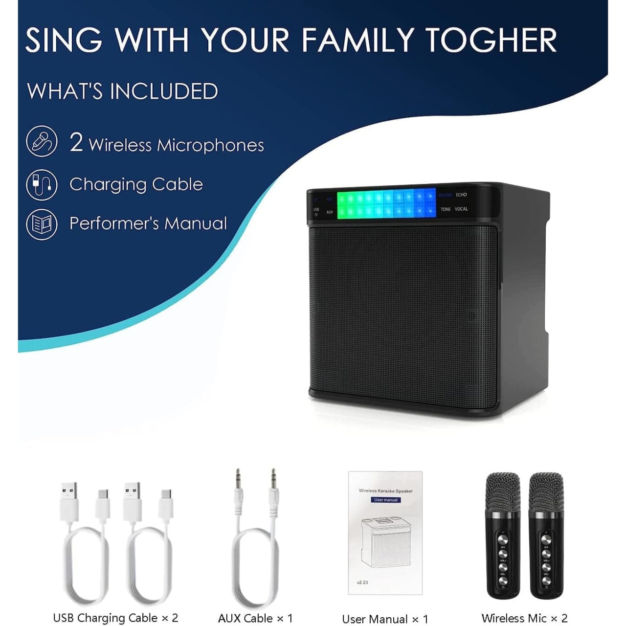 Microfon karaoke copii si adulti, cu difuzor separat, wireless, Bluetooth, modul card TF, 2 microfoane incluse, negru