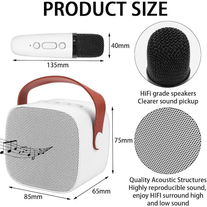 Microfon karaoke copii si adulti, cu difuzor separat, wireless, Bluetooth, modul card TF, 2 microfoane incluse, alb/roz