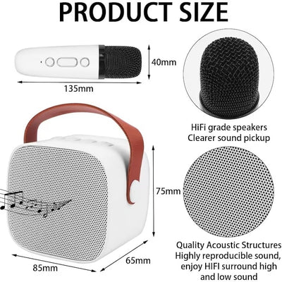 Microfon karaoke copii si adulti, cu difuzor separat, wireless, Bluetooth, modul card TF, 2 microfoane incluse, alb/roz