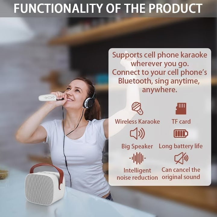 Microfon karaoke copii si adulti, cu difuzor separat, wireless, Bluetooth, modul card TF, 2 microfoane incluse, alb/roz